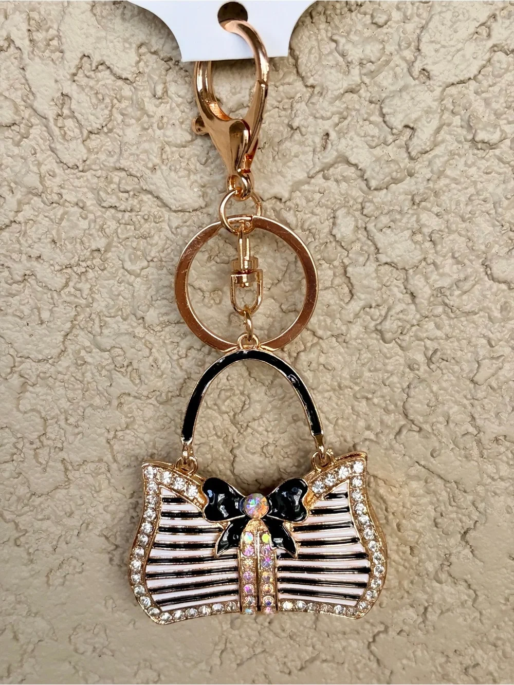 Posh Gold-tone Rhinestone Black & White Striped Purse Keychain